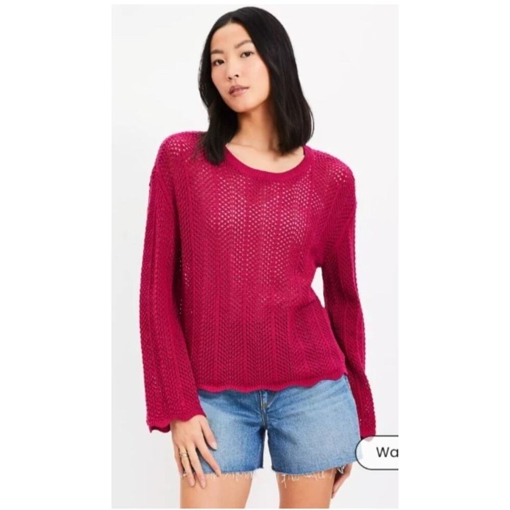 NWT LOFT Scalloped Pointelle Flare Sleeve Sweater In Bright Wine Size Medium - Picture 2 of 7